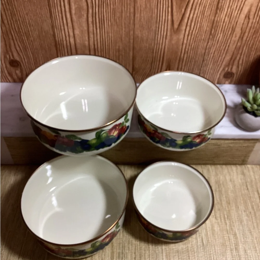 Floral Fruit Design Enamelware Nesting Bowls Set of 4